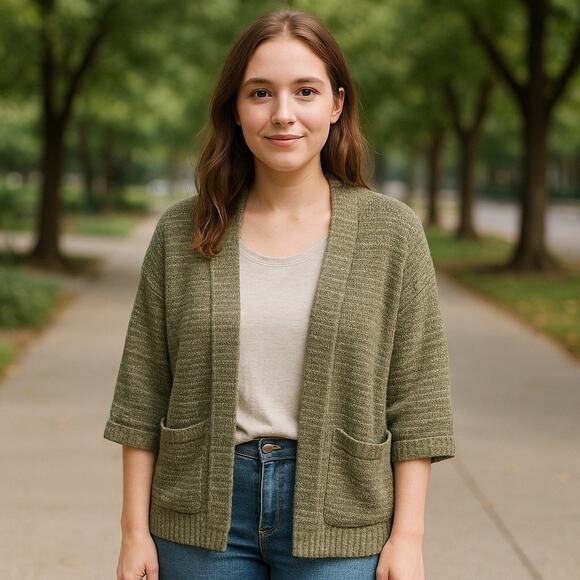 Universal Thread Cardigan olive green waffle knit boxy open front pockets sz M - Picture 1 of 10